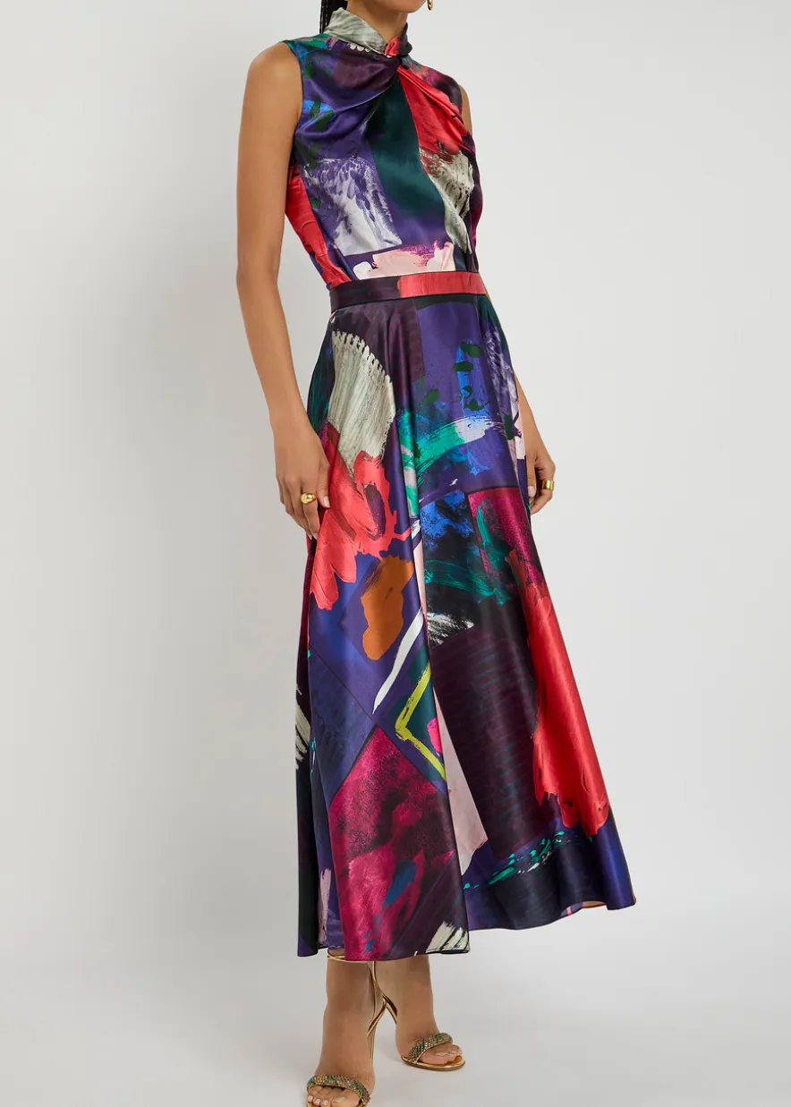 Ameera printed silk-satin midi skirt