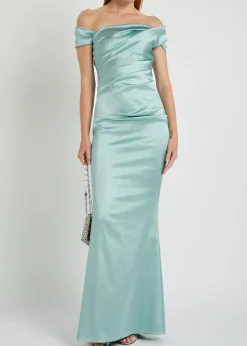 Asymmetric off-the-shoulder satin gown