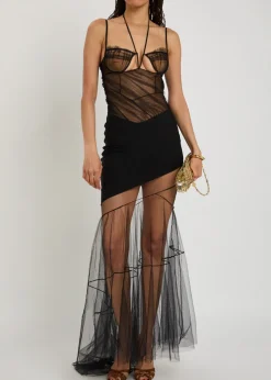 Asymmetric panelled mesh maxi dress