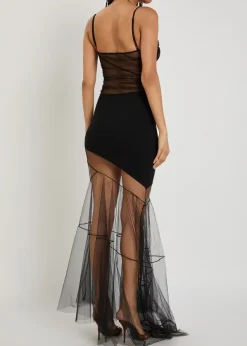 Asymmetric panelled mesh maxi dress