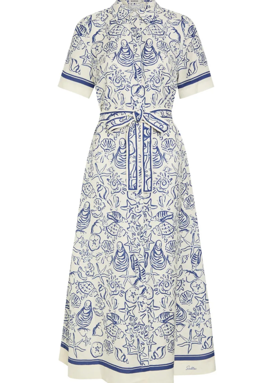 Audria printed belted linen-blend midi shirt dress