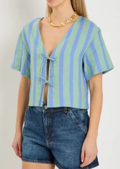 Ava striped tie-front linen blouse