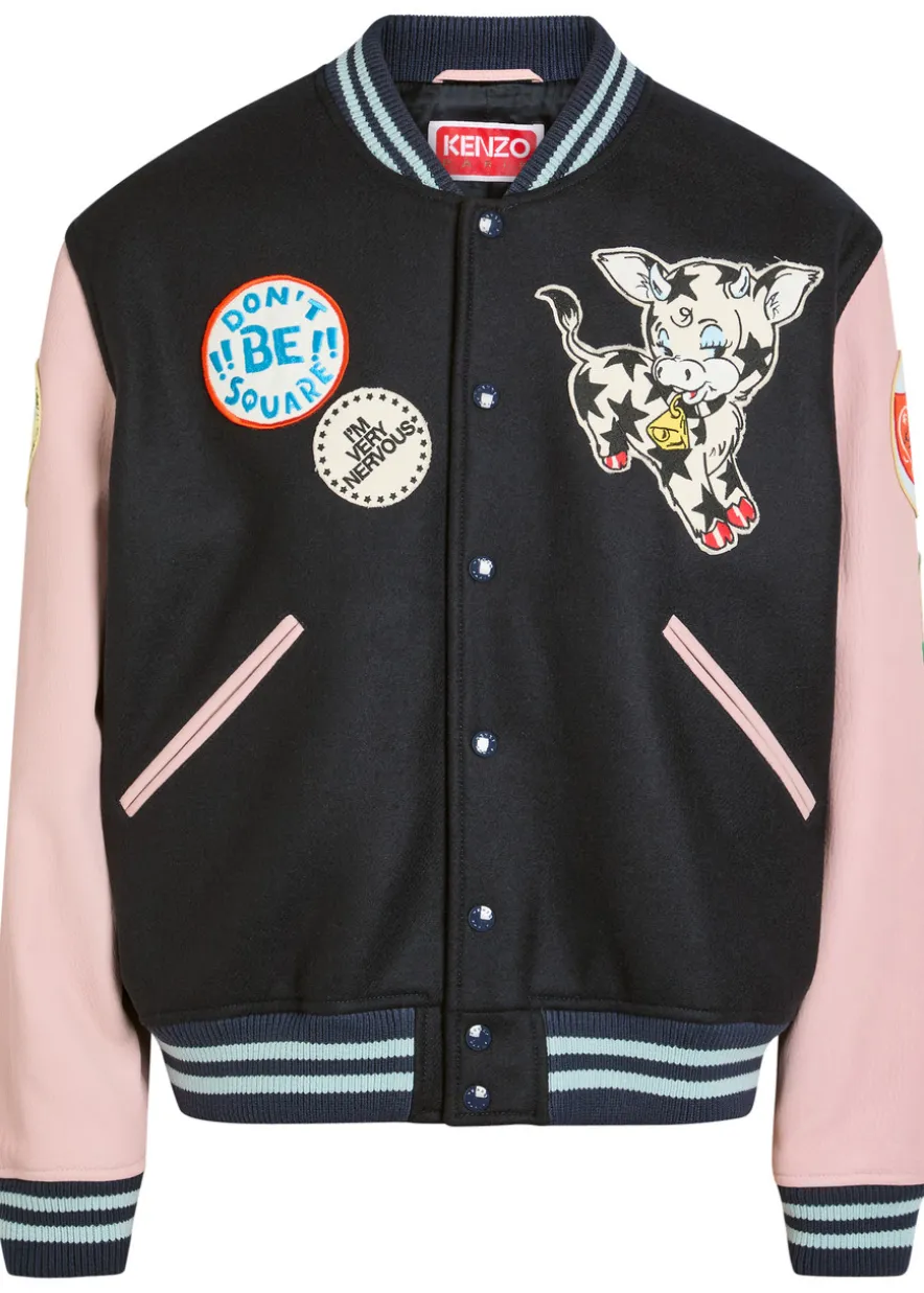 Badges appliquéd wool varsity jacket