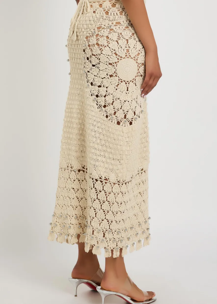 Bead-embellished crochet cotton midi skirt