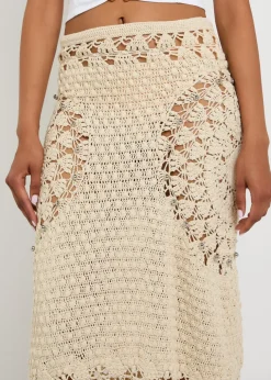 Bead-embellished crochet cotton midi skirt