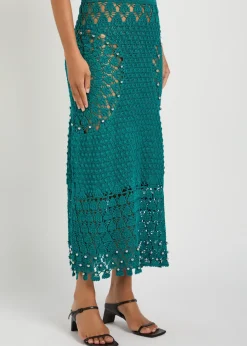Bead-embellished crochet cotton midi skirt