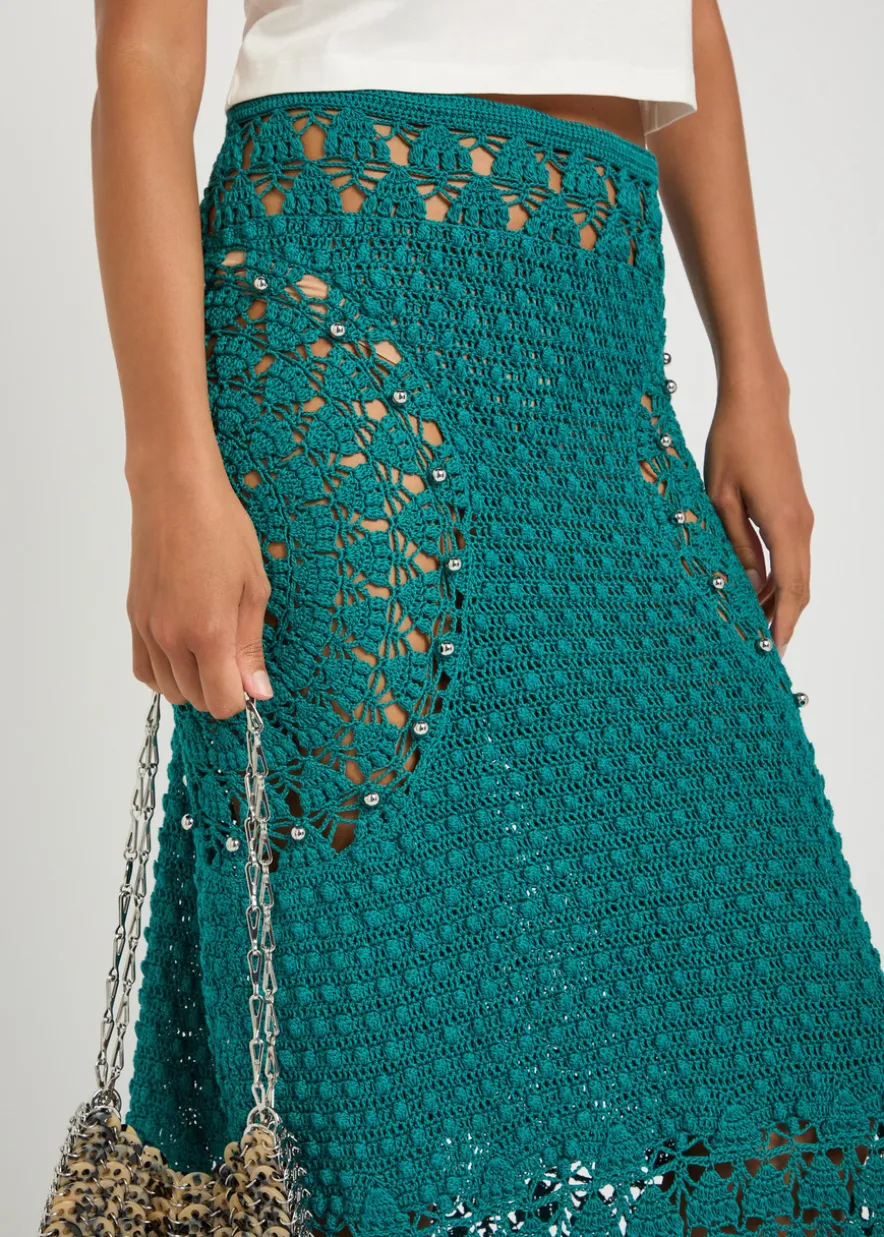 Bead-embellished crochet cotton midi skirt
