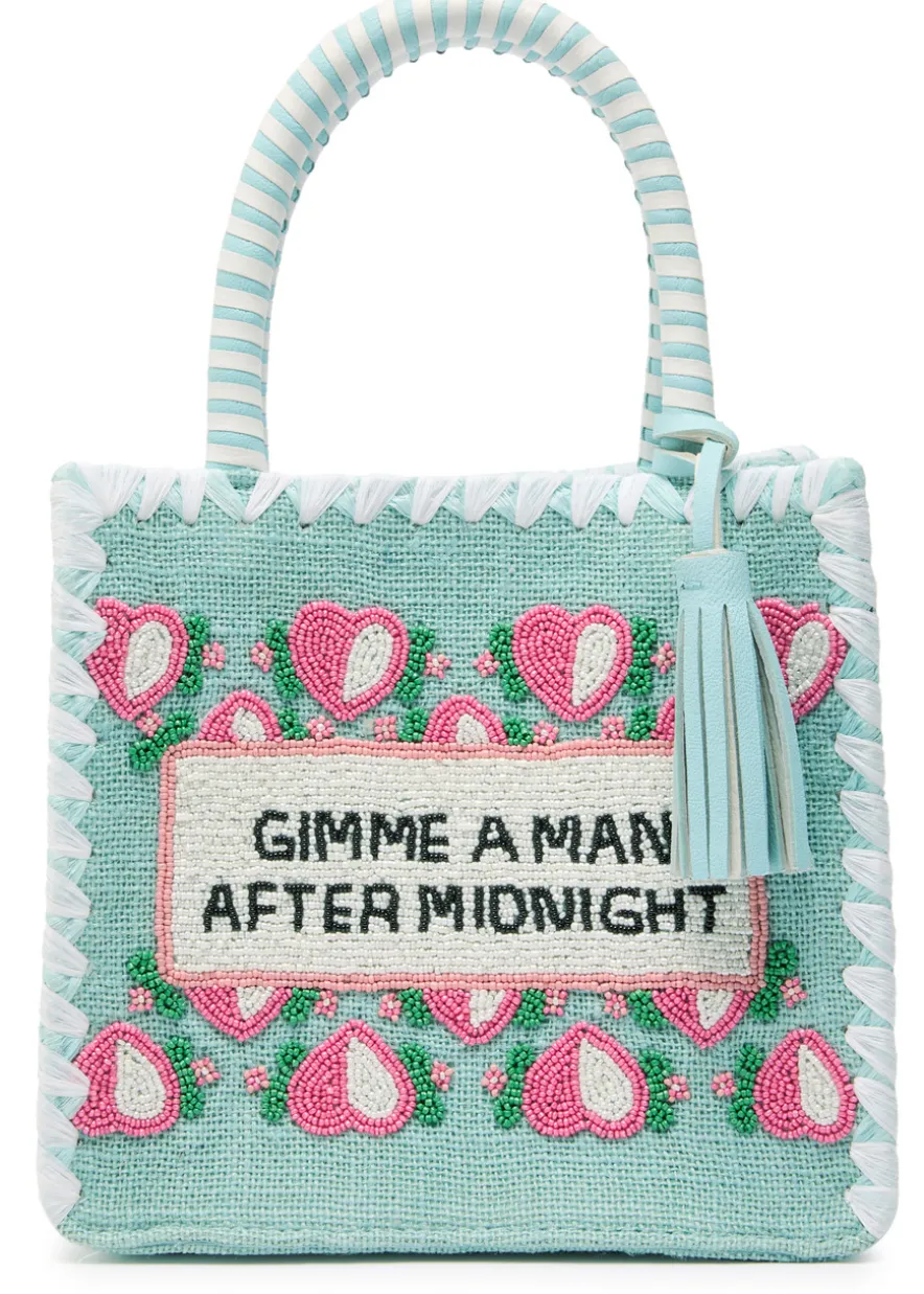 Bead-embellished woven top handle bag