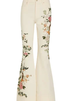 Beautiful floral-embroidered flared-leg jeans