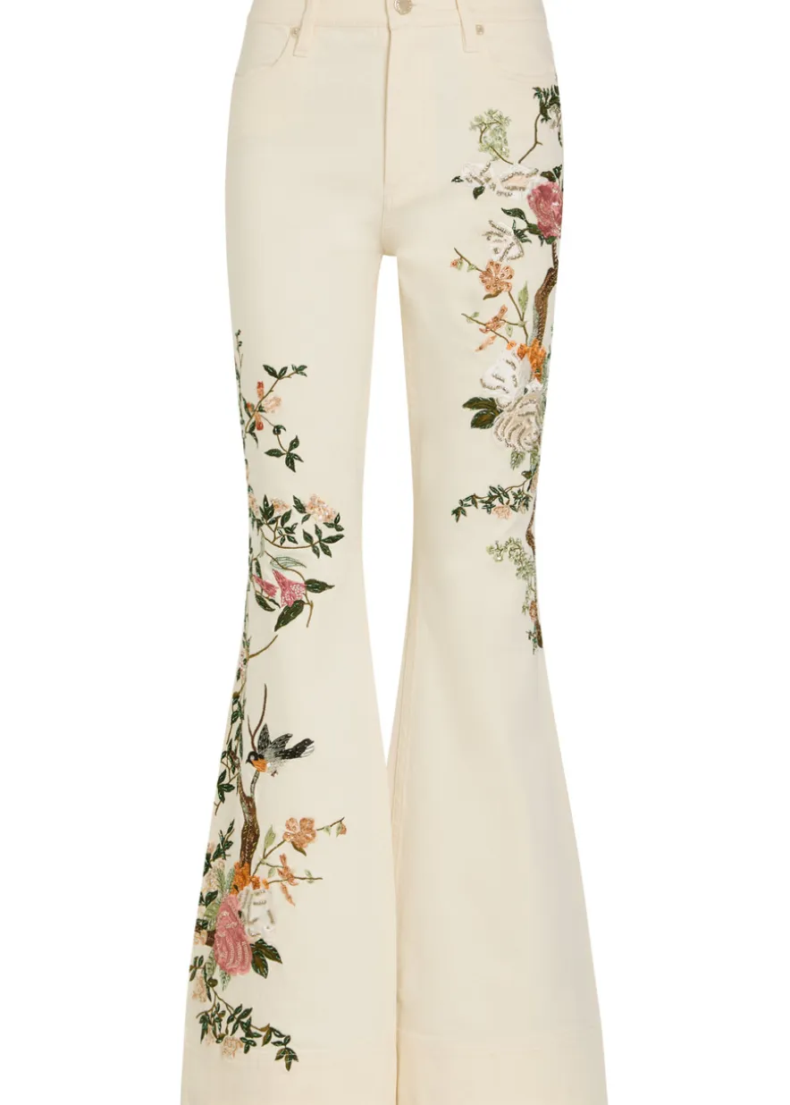 Beautiful floral-embroidered flared-leg jeans