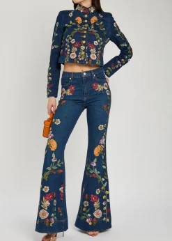 Beautiful floral-embroidered flared-leg jeans