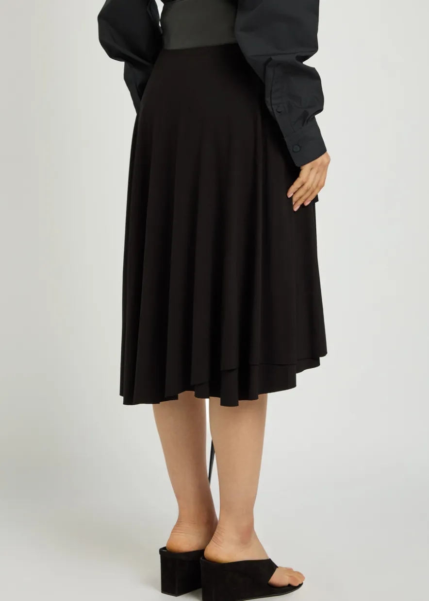 Belted asymmetric jersey mini skirt