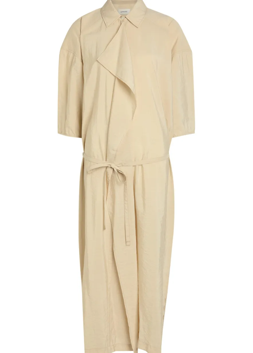 Belted brushed silk-blend midi shirt dress