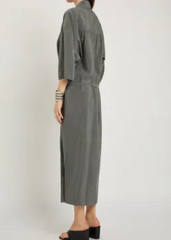 Belted brushed silk-blend midi shirt dress