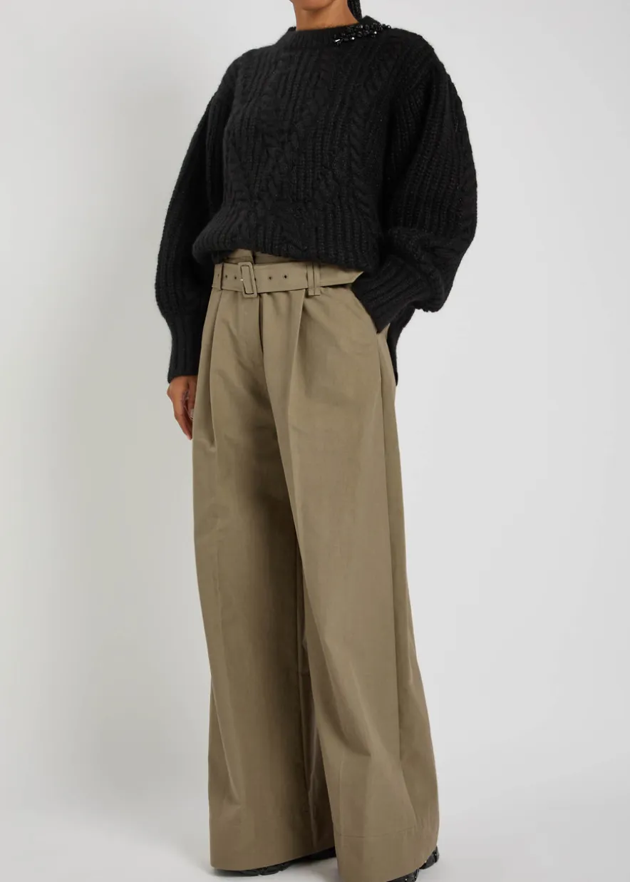 Belted cotton-blend poplin trousers