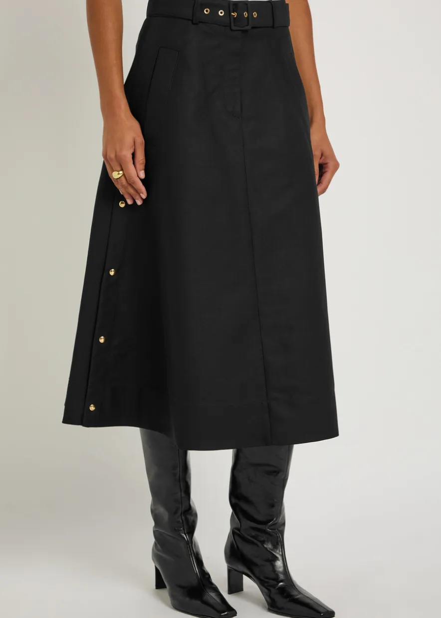 Belted cotton-poplin midi skirt