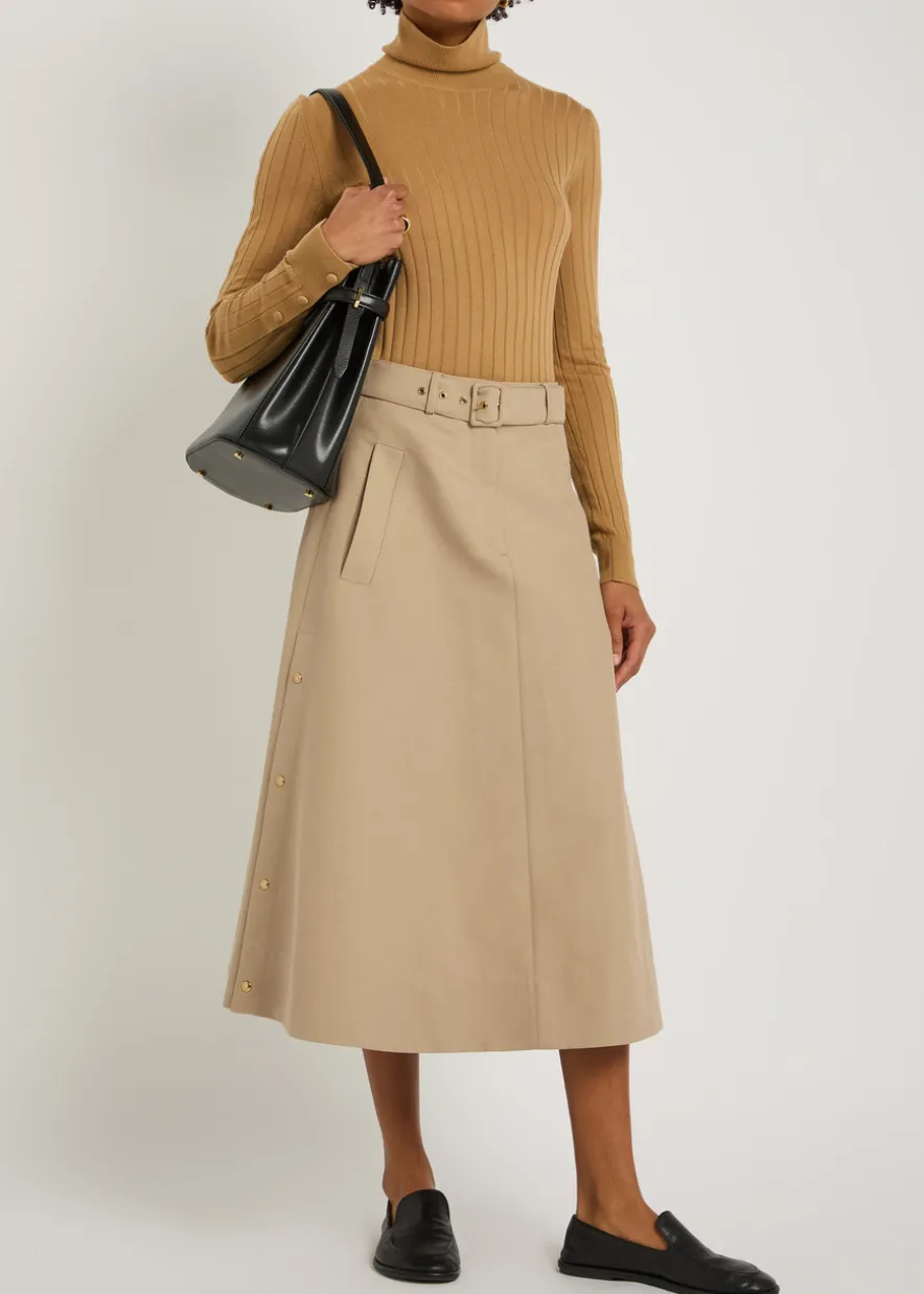 Belted cotton-poplin midi skirt
