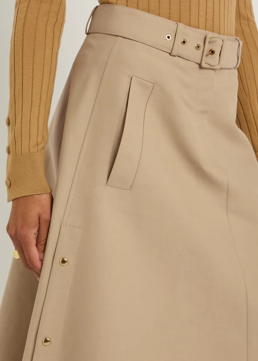 Belted cotton-poplin midi skirt
