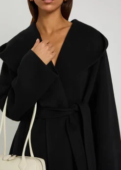Belted hooded wool wrap coat