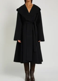 Belted hooded wool wrap coat