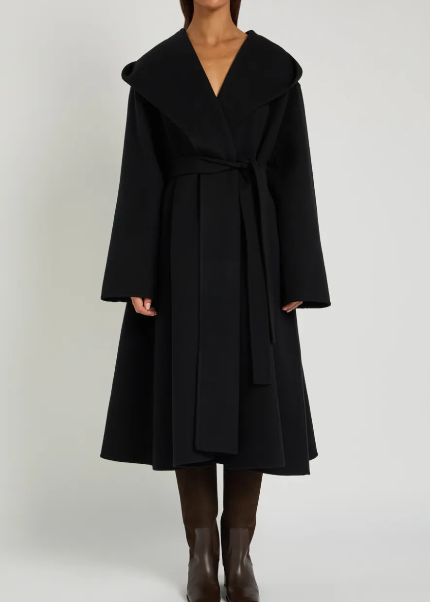 Belted hooded wool wrap coat