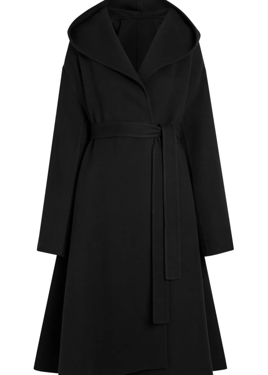 Belted hooded wool wrap coat