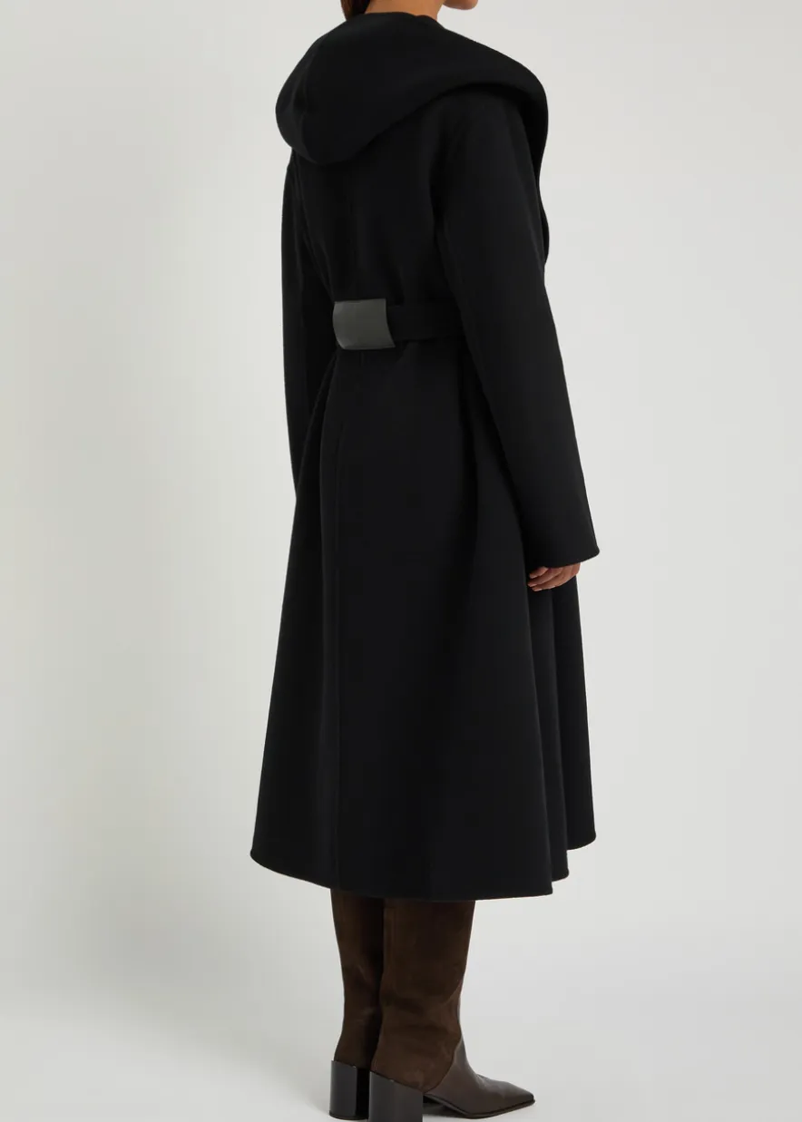 Belted hooded wool wrap coat