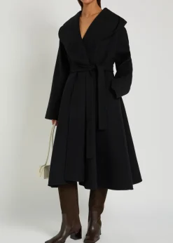Belted hooded wool wrap coat