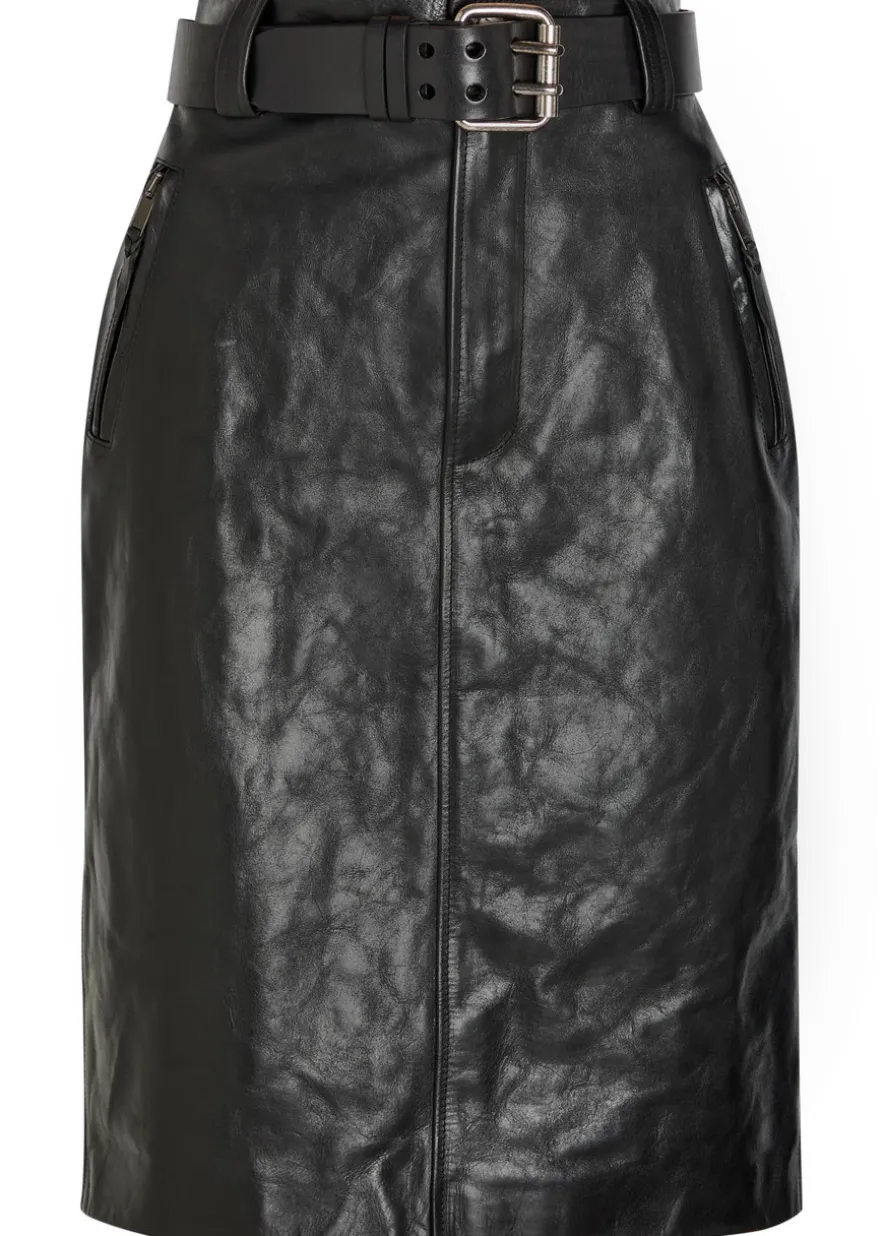 Belted leather midi skirt