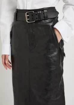 Belted leather midi skirt