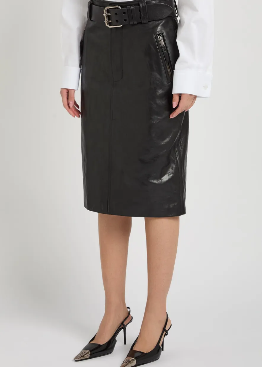 Belted leather midi skirt