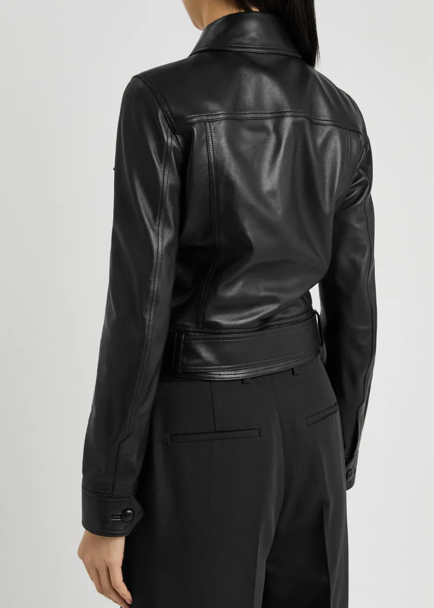 Belted panelled leather jacket