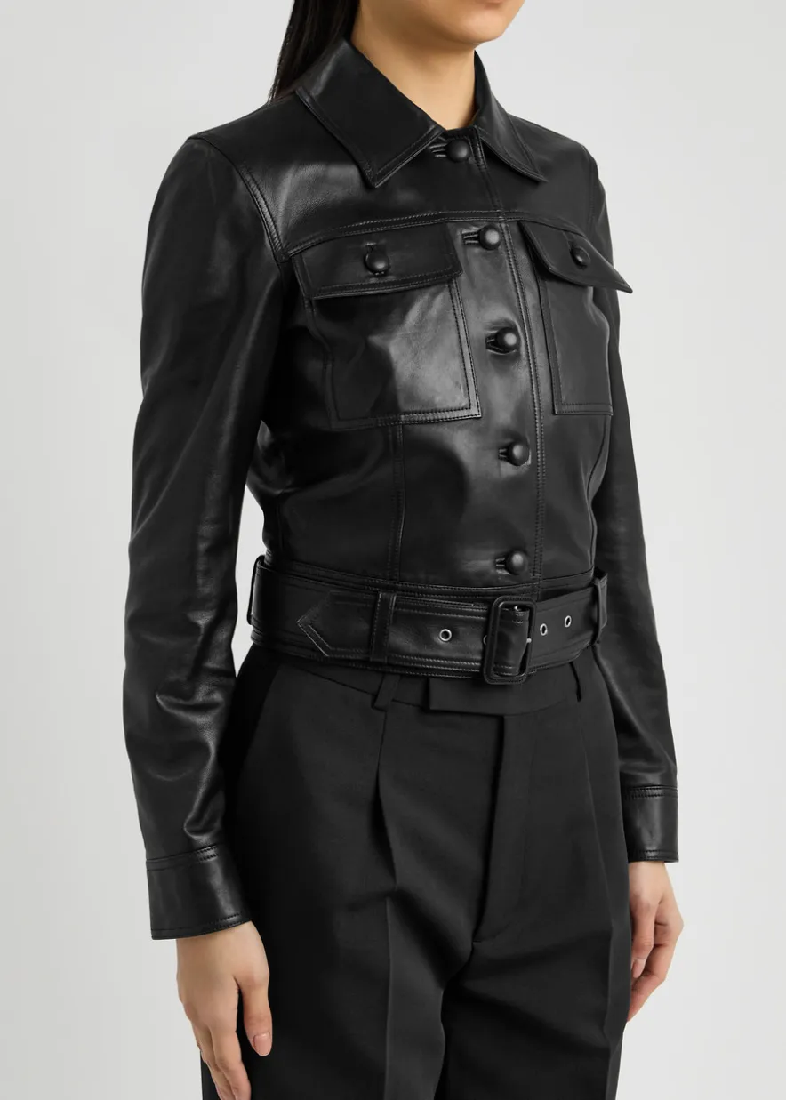 Belted panelled leather jacket