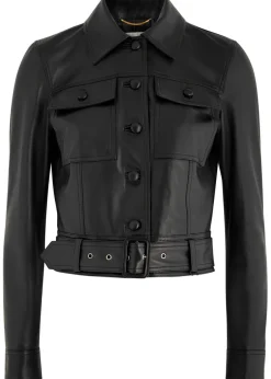 Belted panelled leather jacket