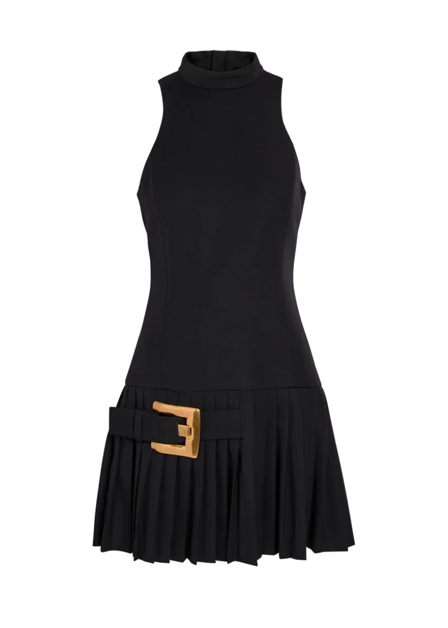 Belted pleated wool mini dress