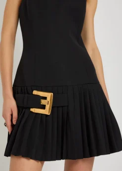 Belted pleated wool mini dress