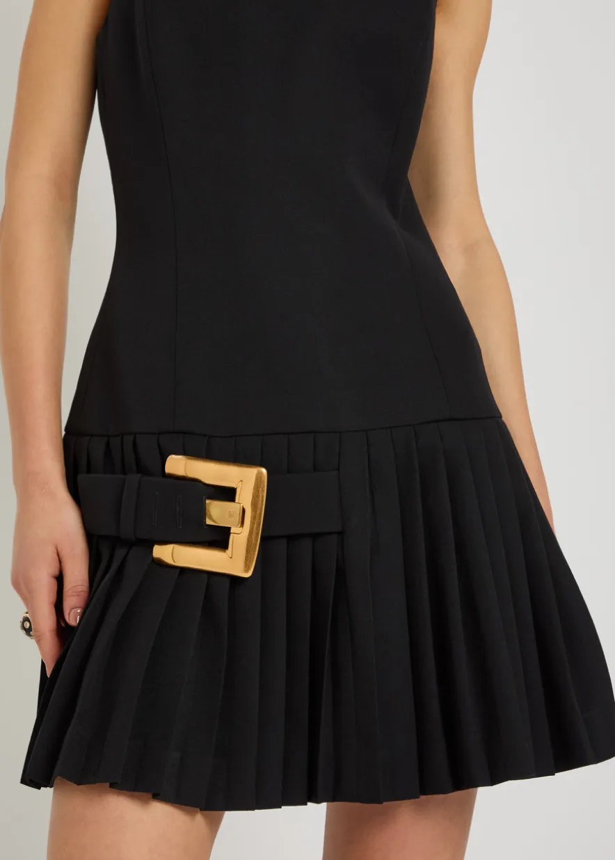 Belted pleated wool mini dress