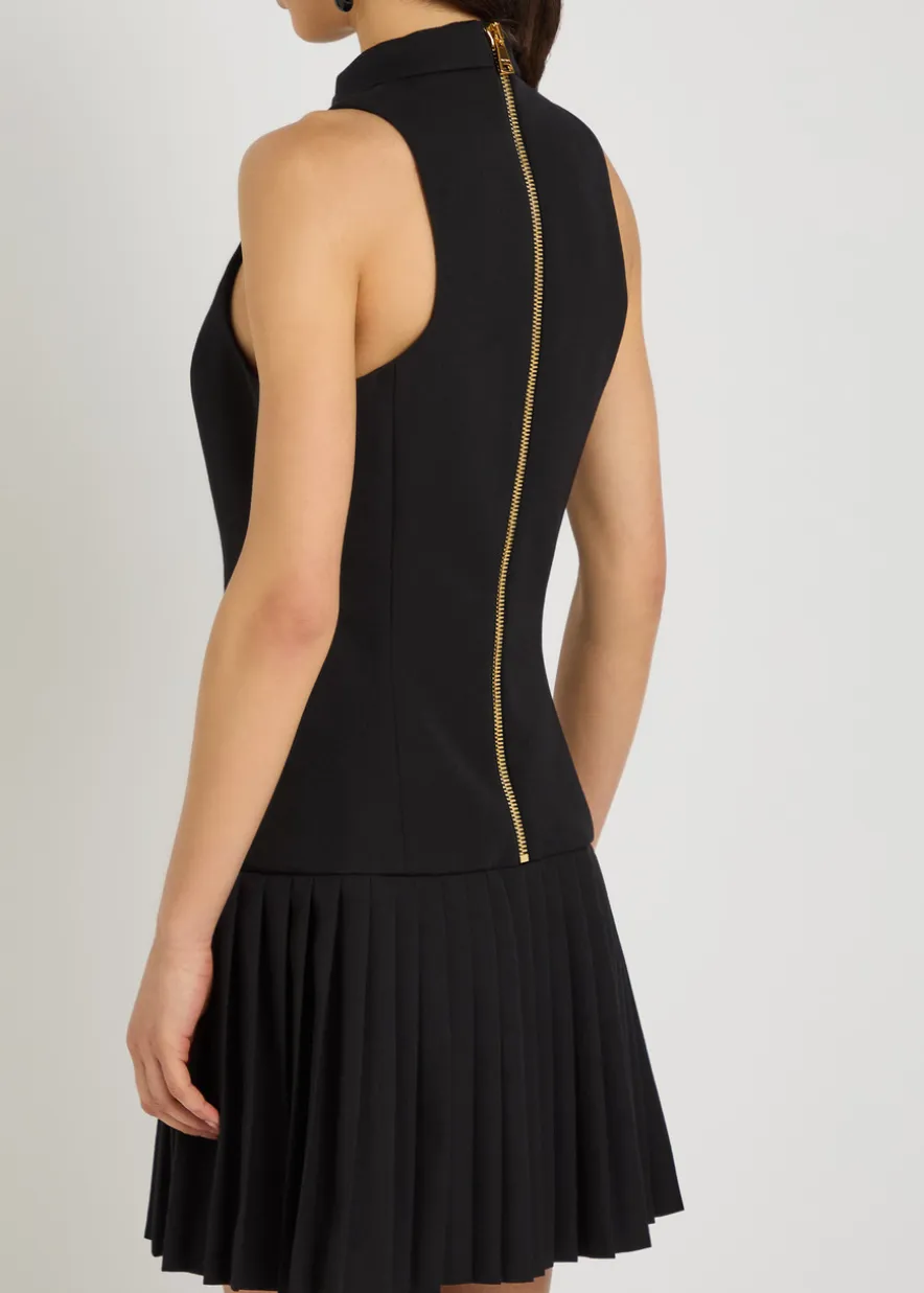 Belted pleated wool mini dress