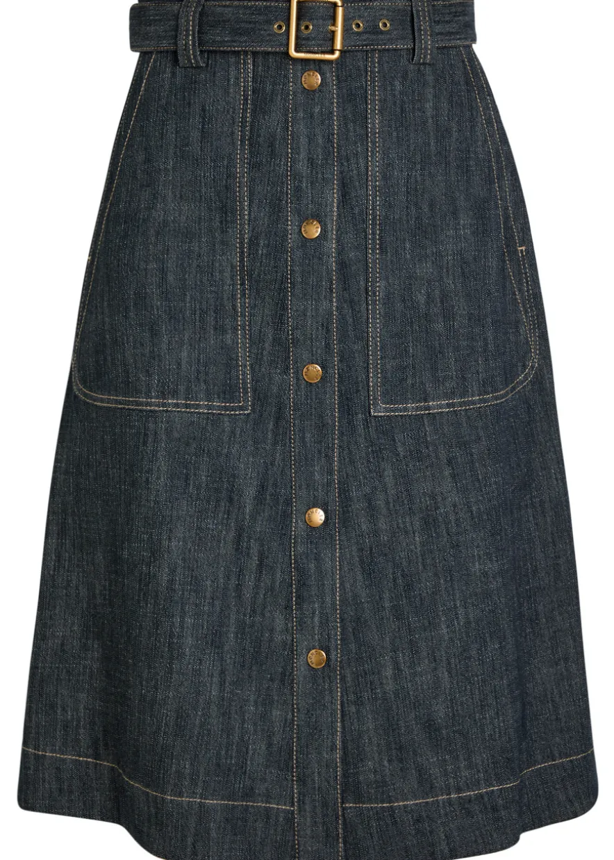 Belted stretch-denim midi skirt