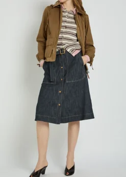 Belted stretch-denim midi skirt