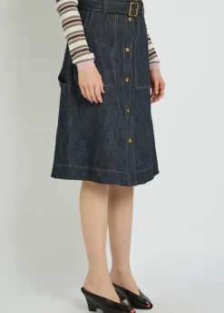 Belted stretch-denim midi skirt