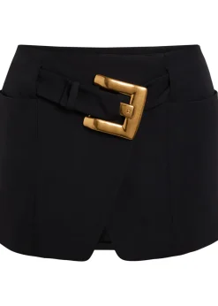 Belted wool mini wrap skirt