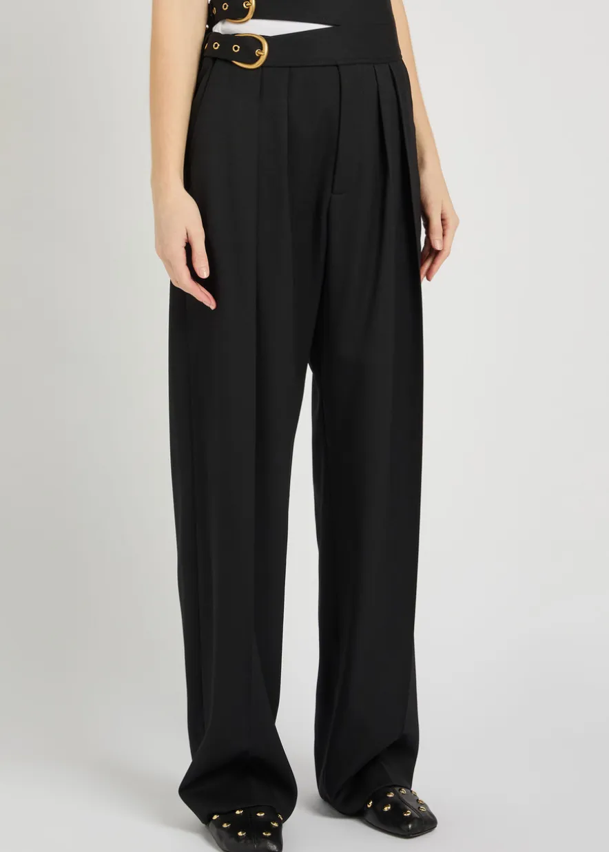 Belt-effect straight-leg wool trousers