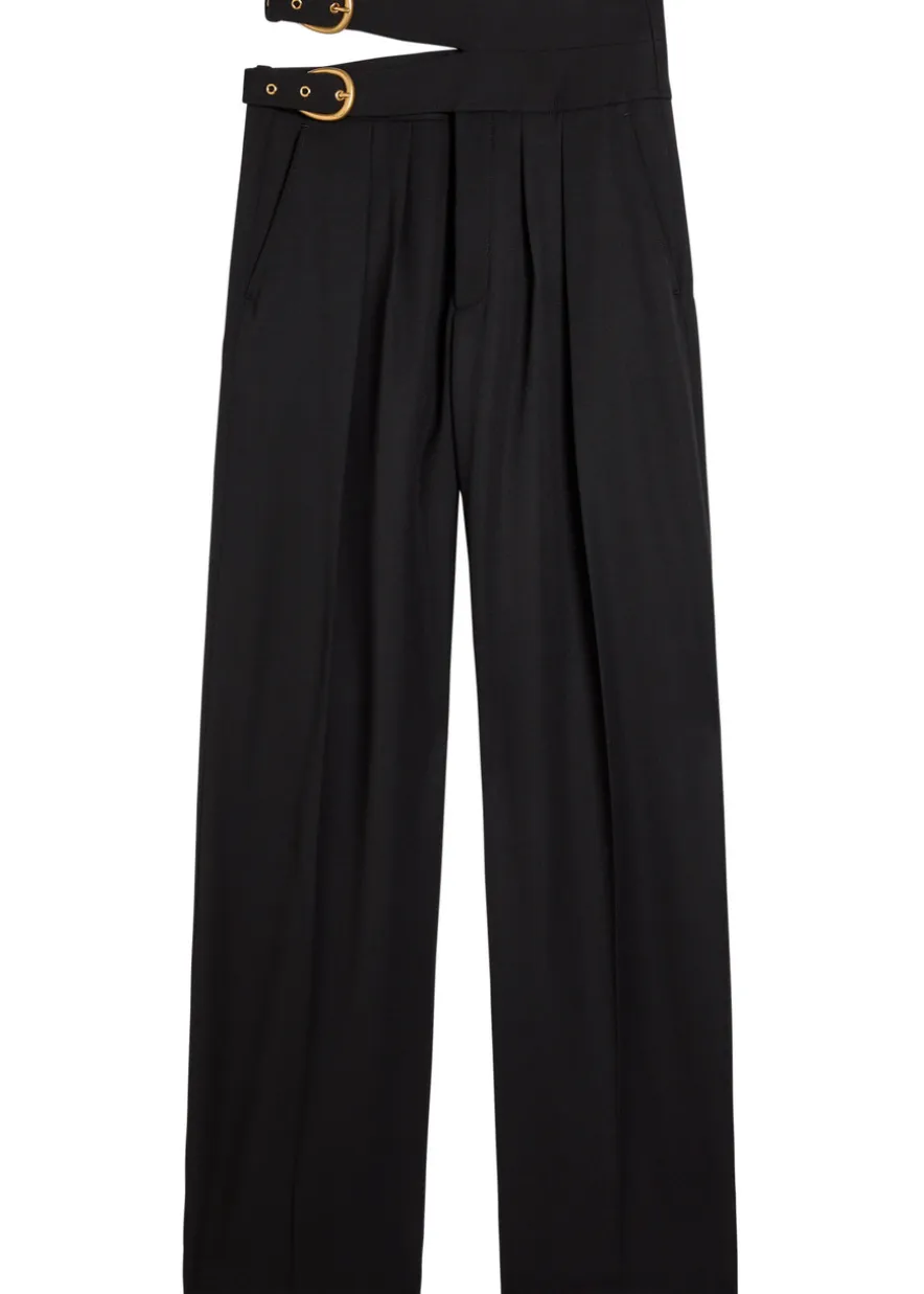 Belt-effect straight-leg wool trousers
