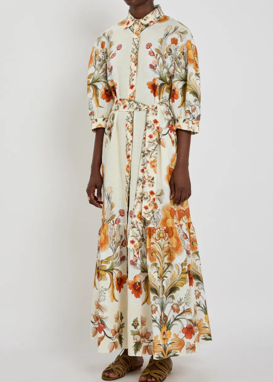 Bianca floral-print belted linen-blend maxi shirt dress