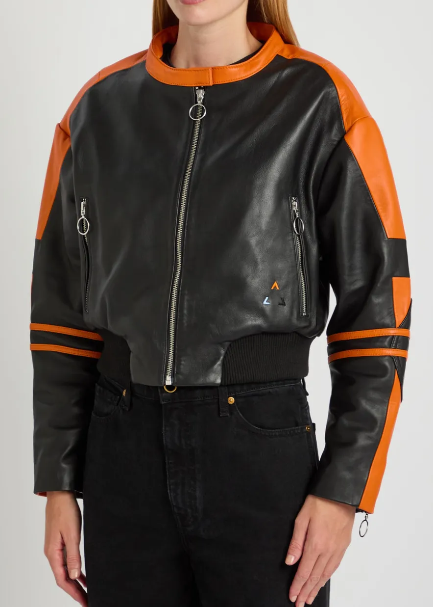 Biker padded colour-blocked leather jacket