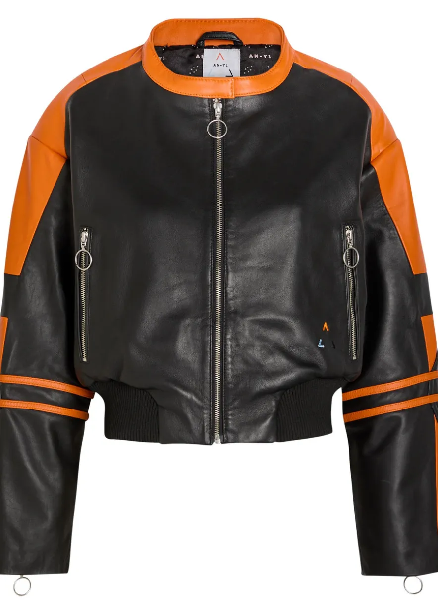 Biker padded colour-blocked leather jacket