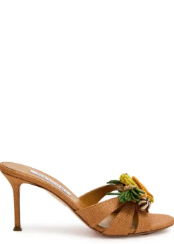 Birdsong 75 appliquéd woven raffia mules