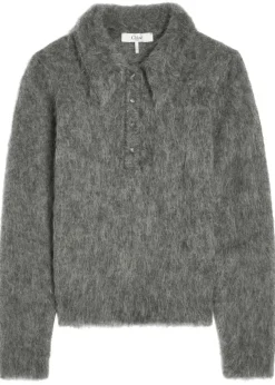 Brushed knit wool-blend polo top