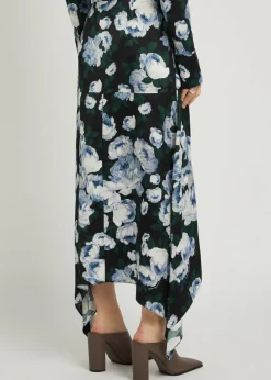 Bunch of Roses asymmetric floral-print satin midi skirt